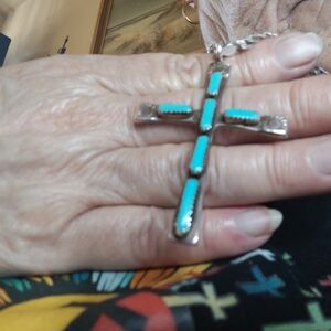 🛑 SERIOUS BUYERS 🛑 STERLING  MOJAVE TURQ.SIGNED CROSS  HERRINGBONE 20-IN NECK.